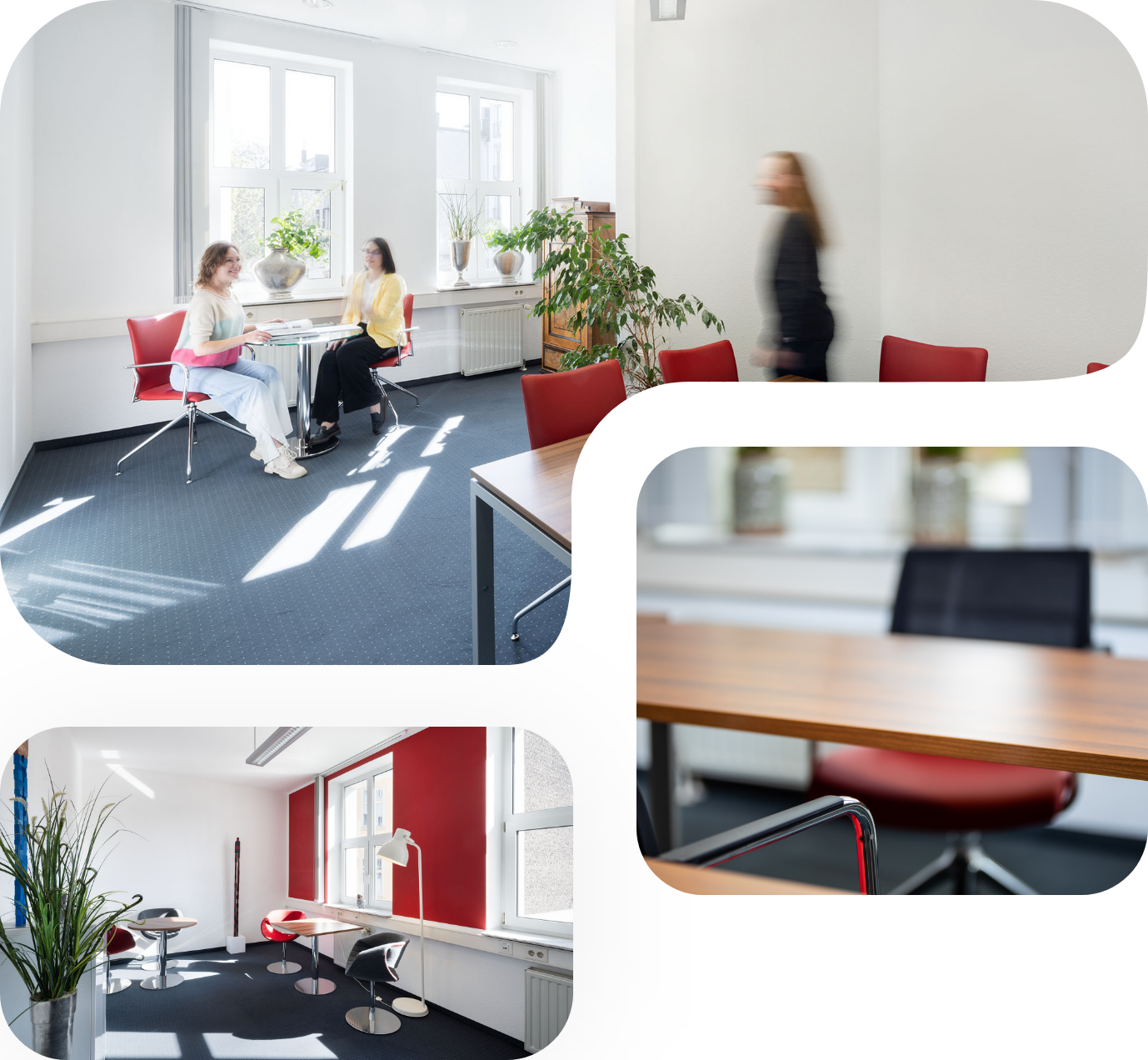 Büro mit Besprechungsbereich, Schreibtisch und Stühlen in einem modernen Design.